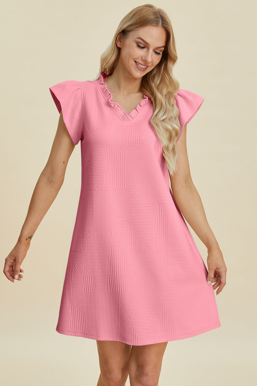 Double take full size ruffled v-neck cap sleeve dress