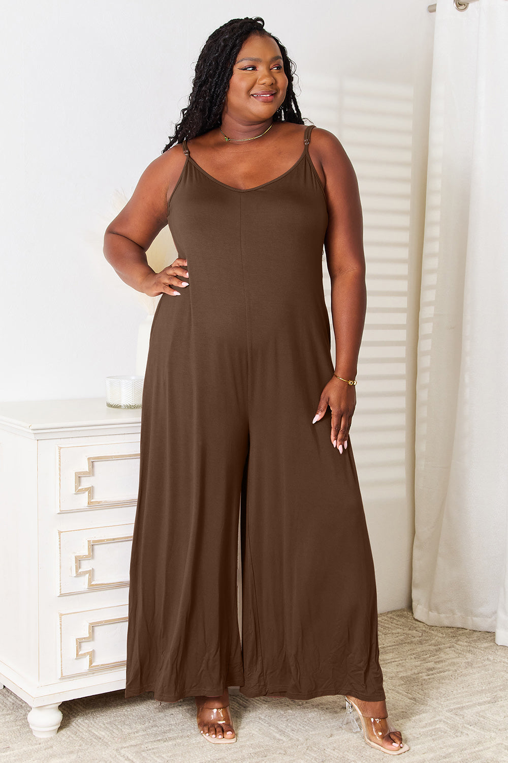 Double take full size soft rayon spaghetti strap tied wide leg jumpsuit - mocha / s