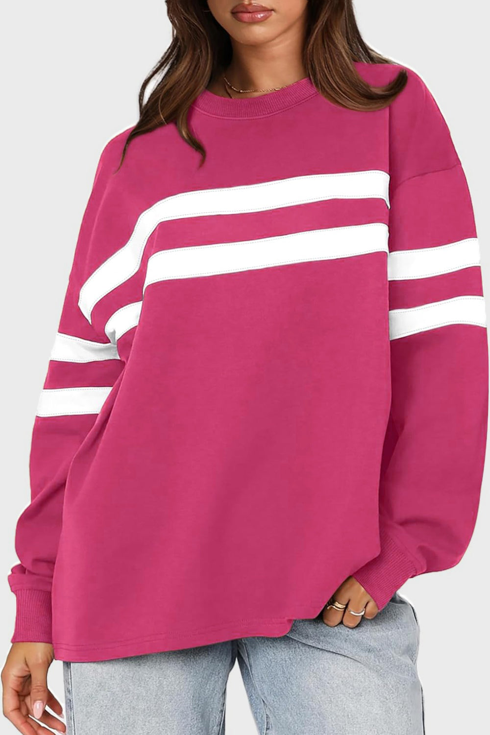 Lovelet striped round neck dropped shoulder sweatshirt - cerise / s