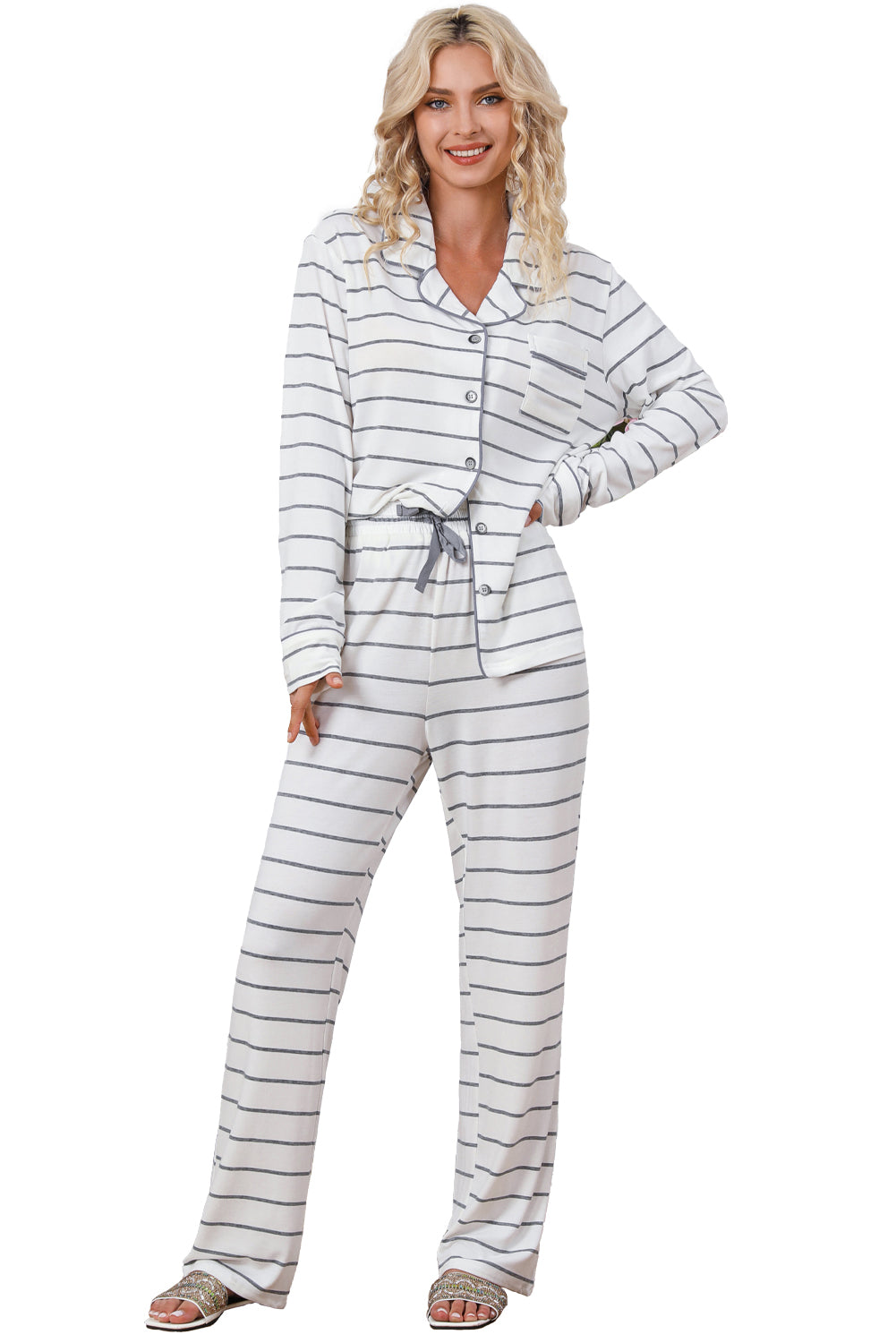 White striped print long sleeve top & drawstring pants pajamas set - loungewear