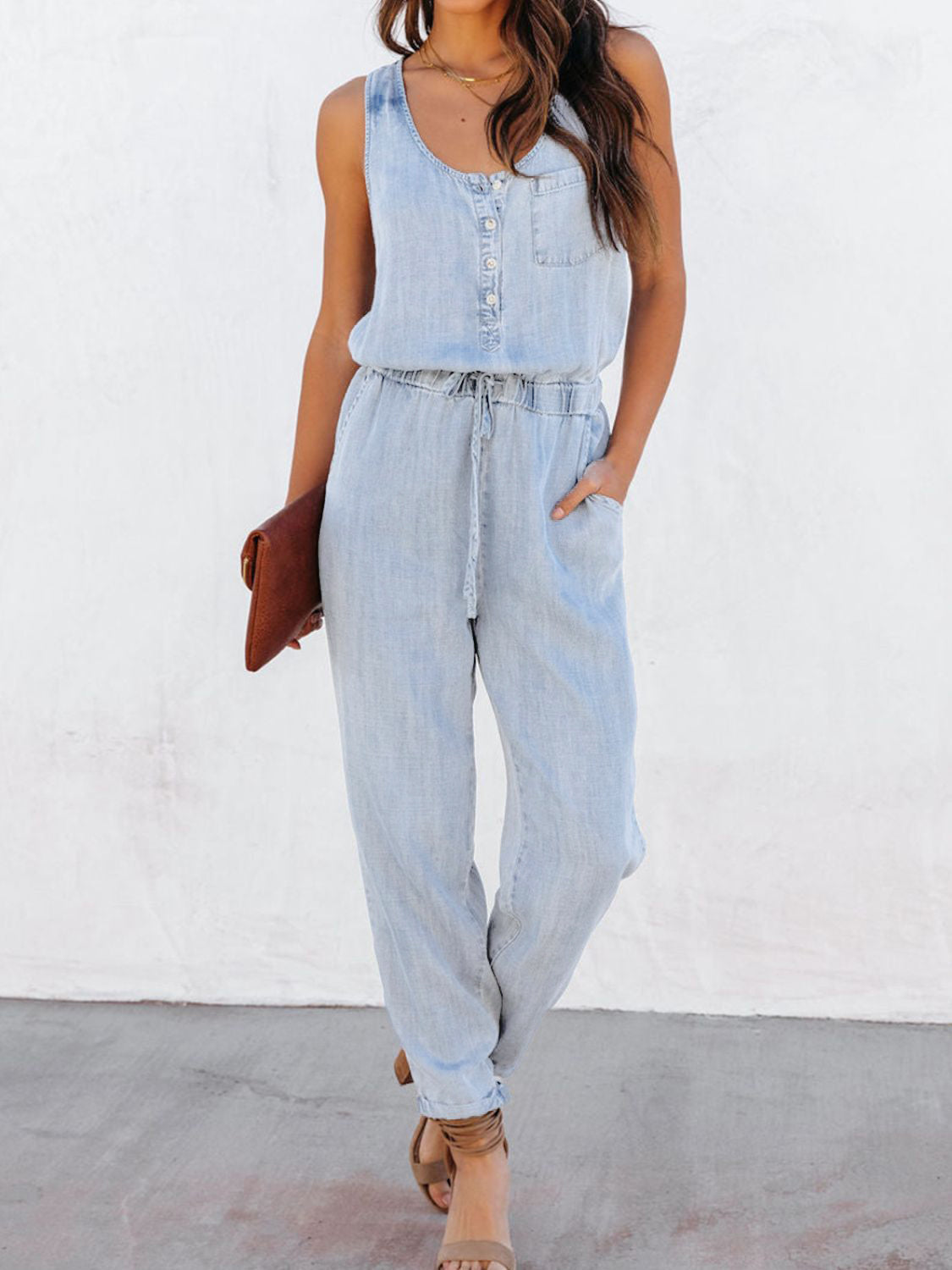 Drawstring waist sleeveless jumpsuit - light / s