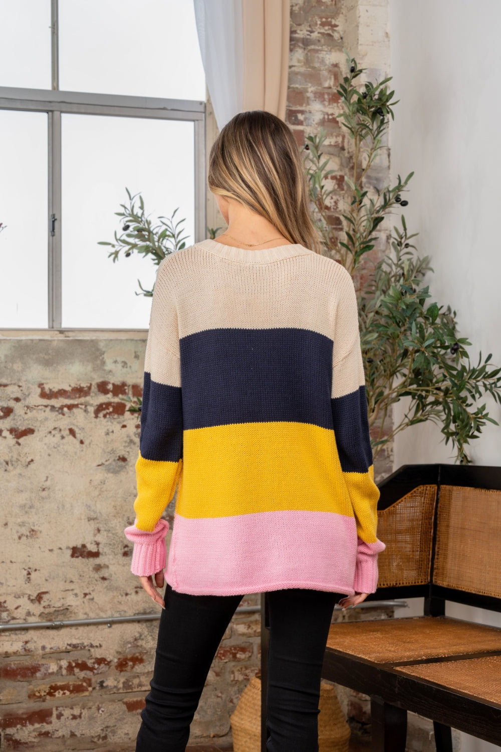 Sew in love full size color block exposed seam sweater