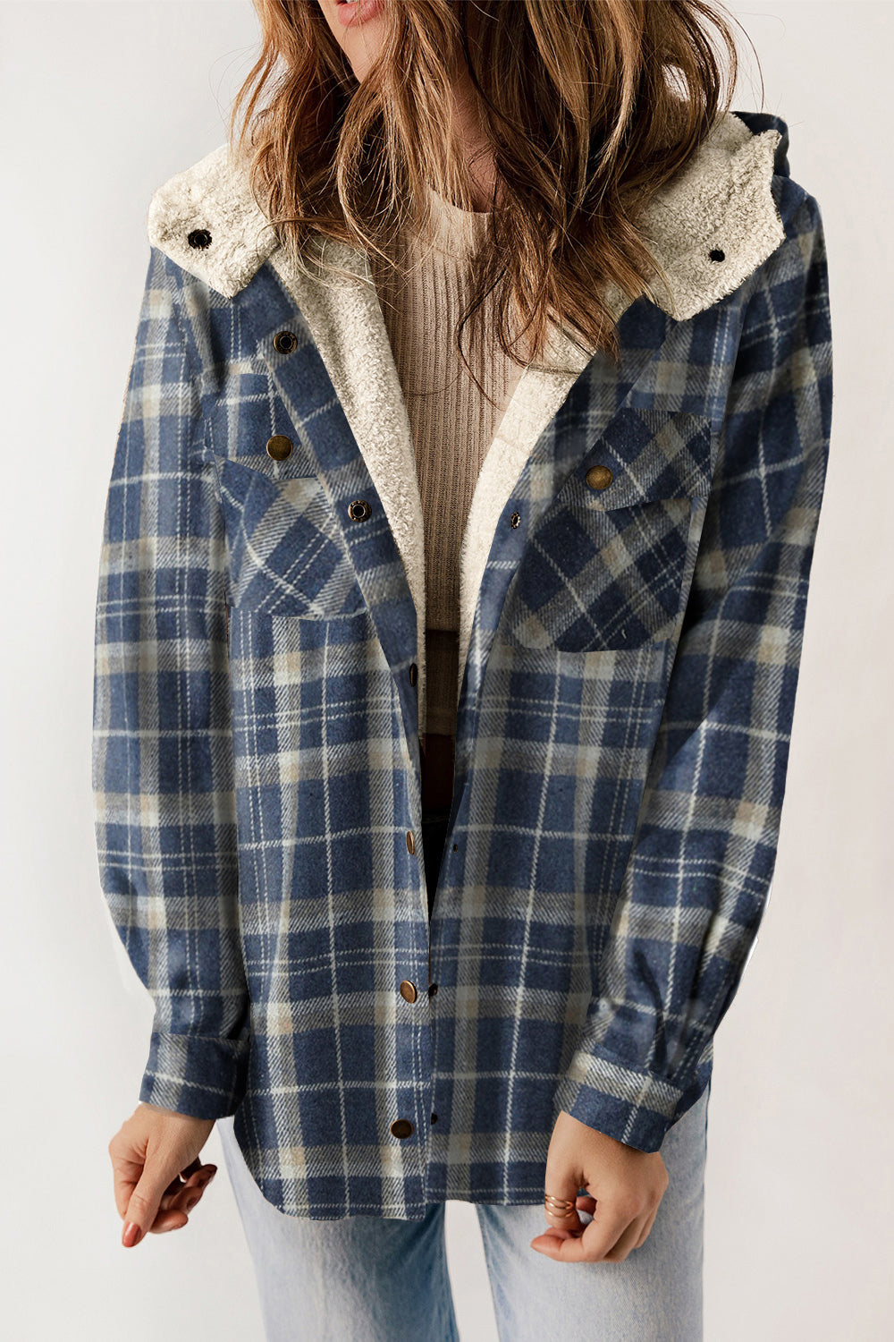 Plaid snap down hooded jacket