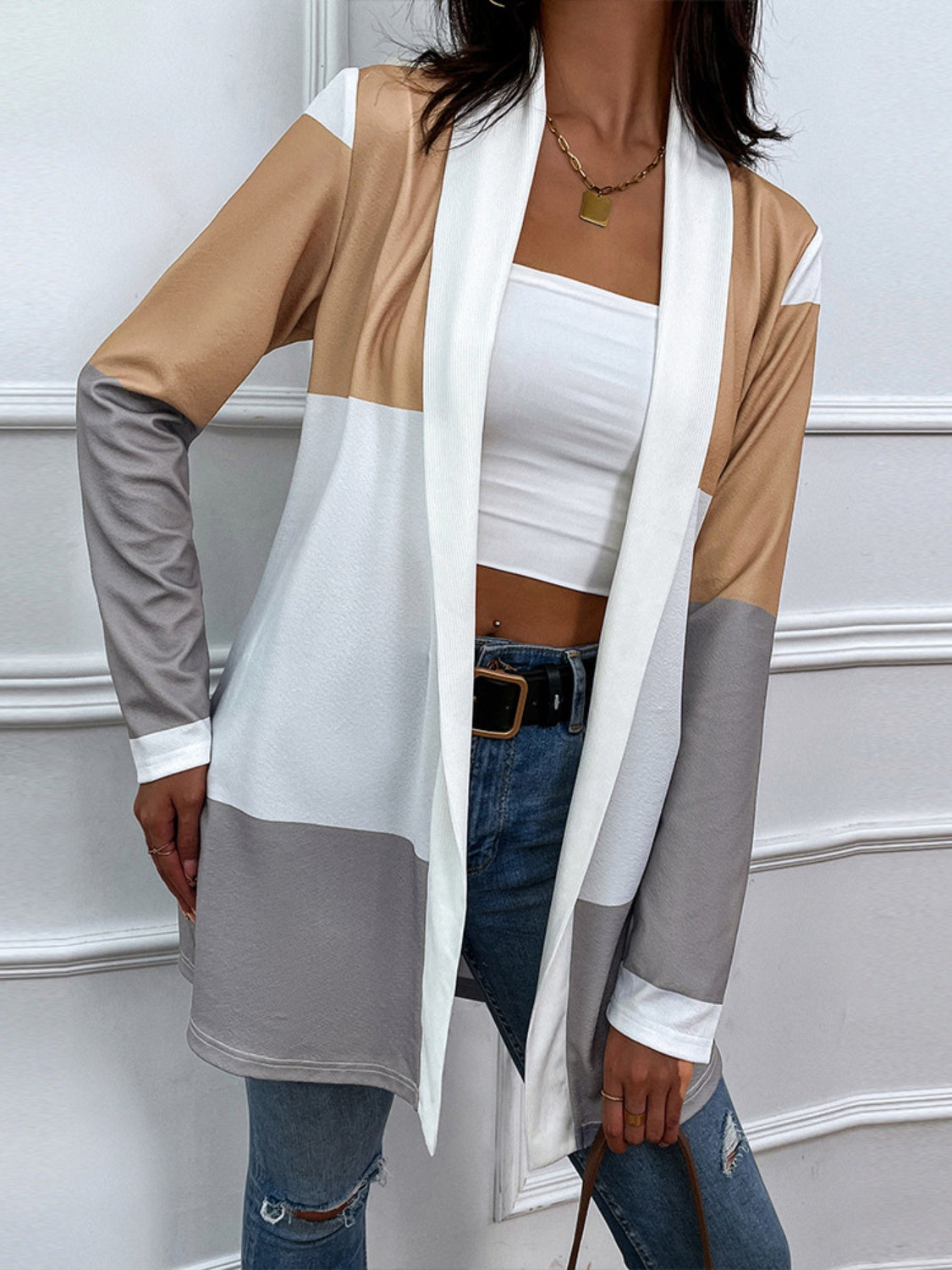 Shiny color block open front cardigan - gray / s