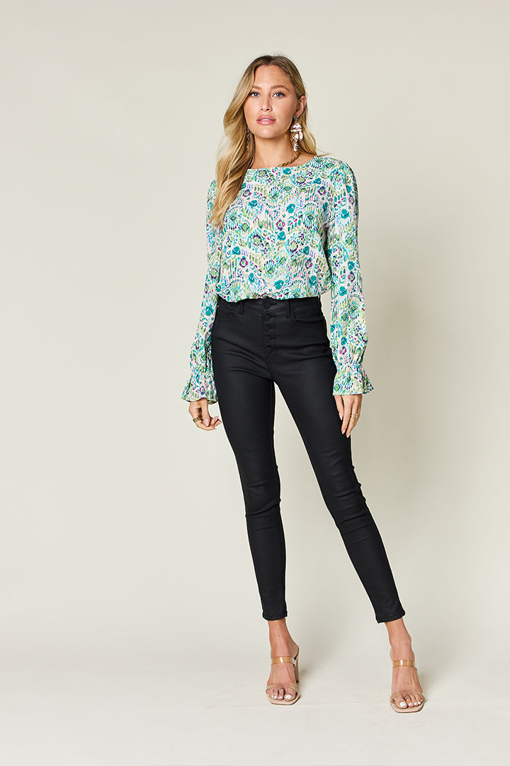 Double take full size printed flounce sleeve blouse