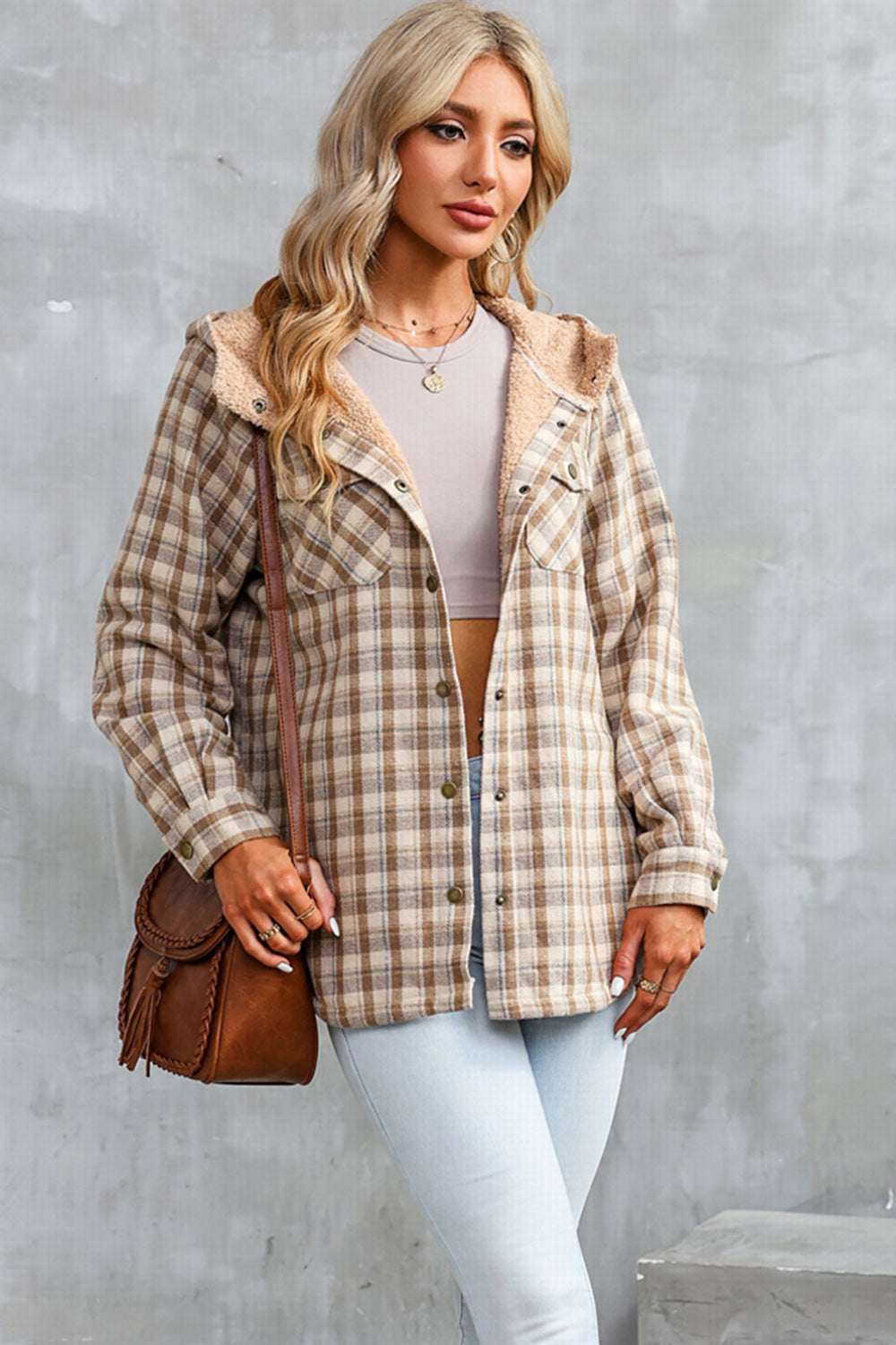 Plaid snap down hooded jacket - beige / s