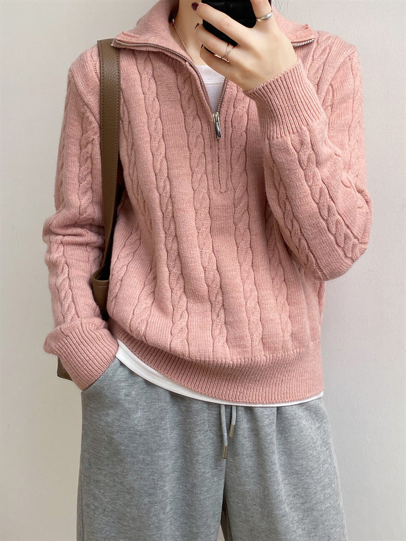 Cable-knit half zip long sleeve sweater - dusty pink / one size