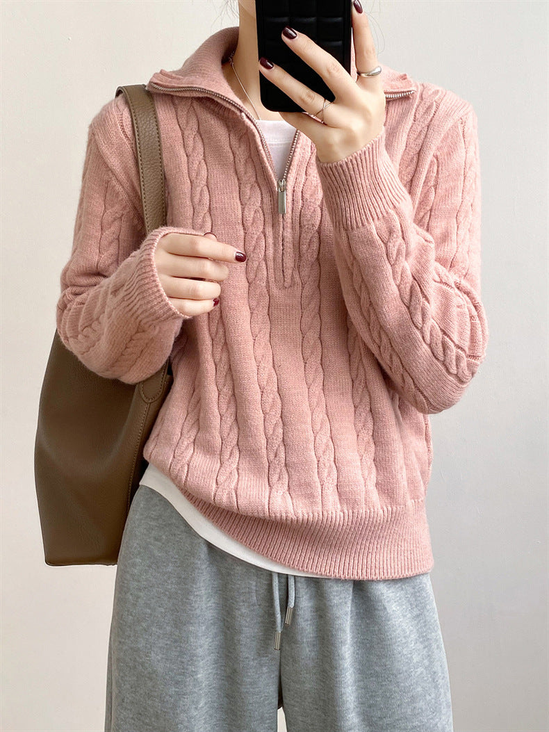 Cable-knit half zip long sleeve sweater