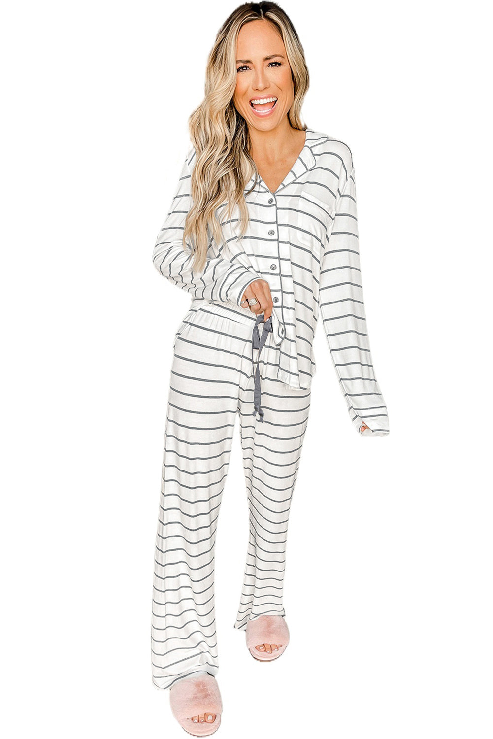 White striped print long sleeve top & drawstring pants pajamas set - loungewear