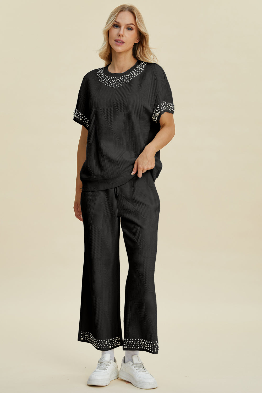 Double take full size pearl detail round neck top and pants set - black / s