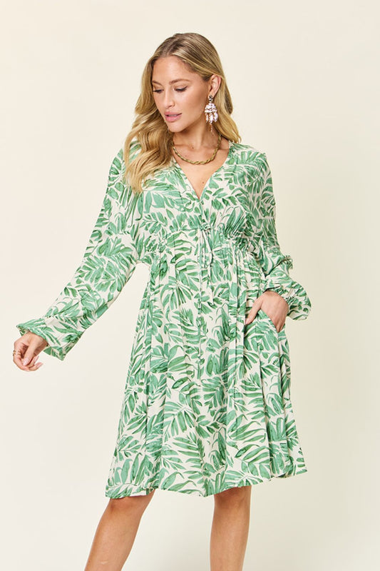 Double take full size printed ruched balloon sleeve dress - light green / s