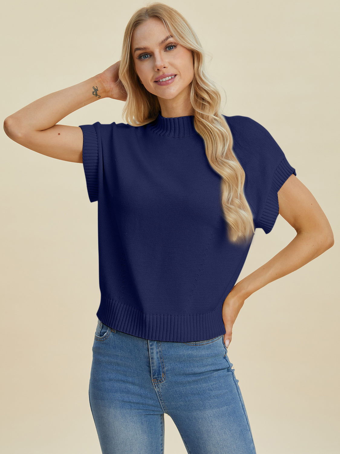 Double take full size mock neck short sleeve sweater