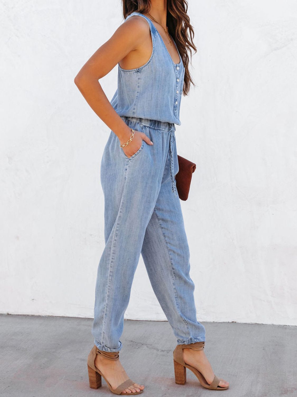 Drawstring waist sleeveless jumpsuit