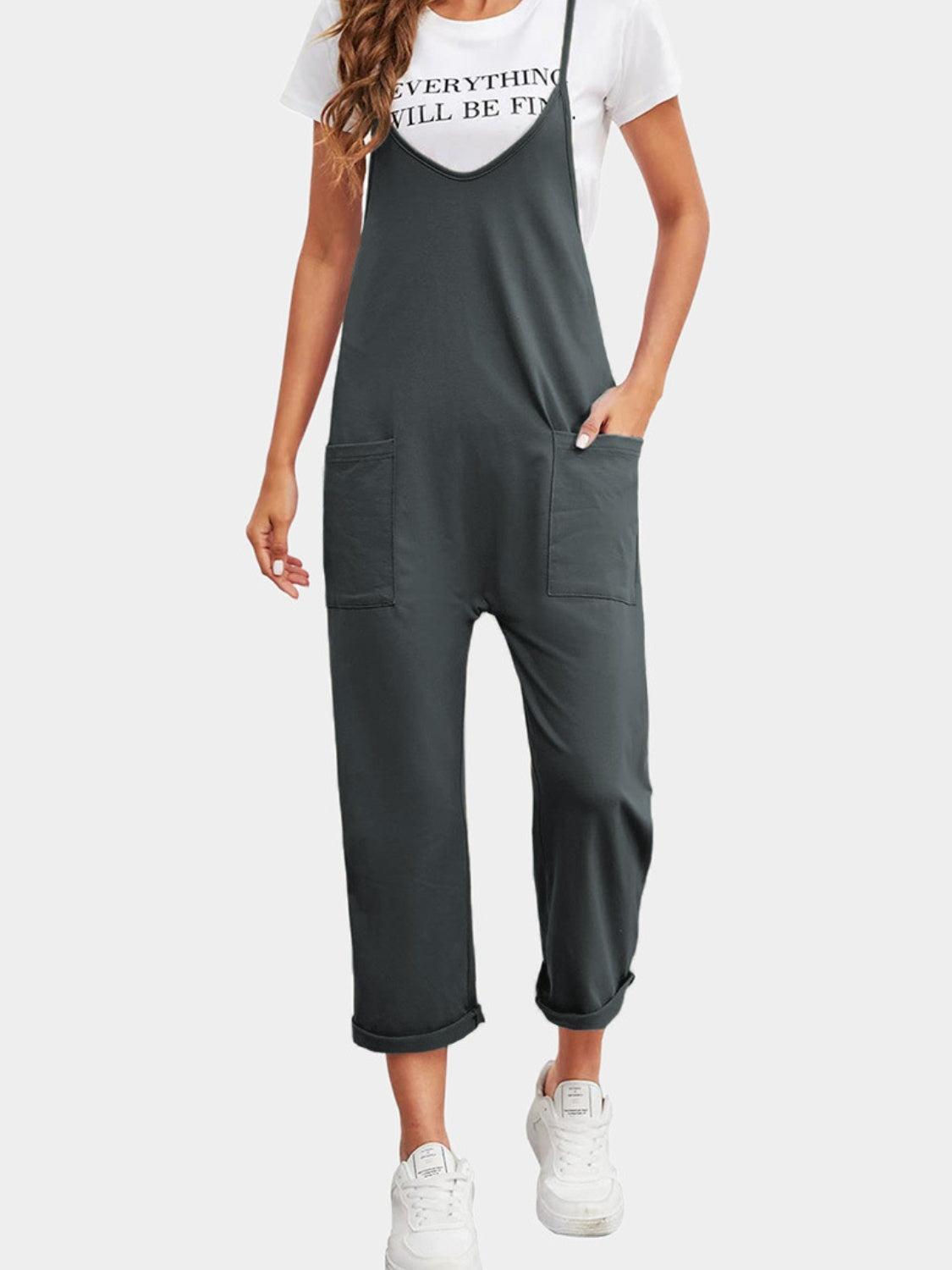 Full size spaghetti strap straight leg jumpsuit with pockets - dark gray / s