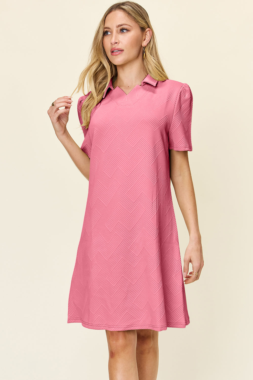 Double take full size texture collared neck short sleeve dress - pink / s