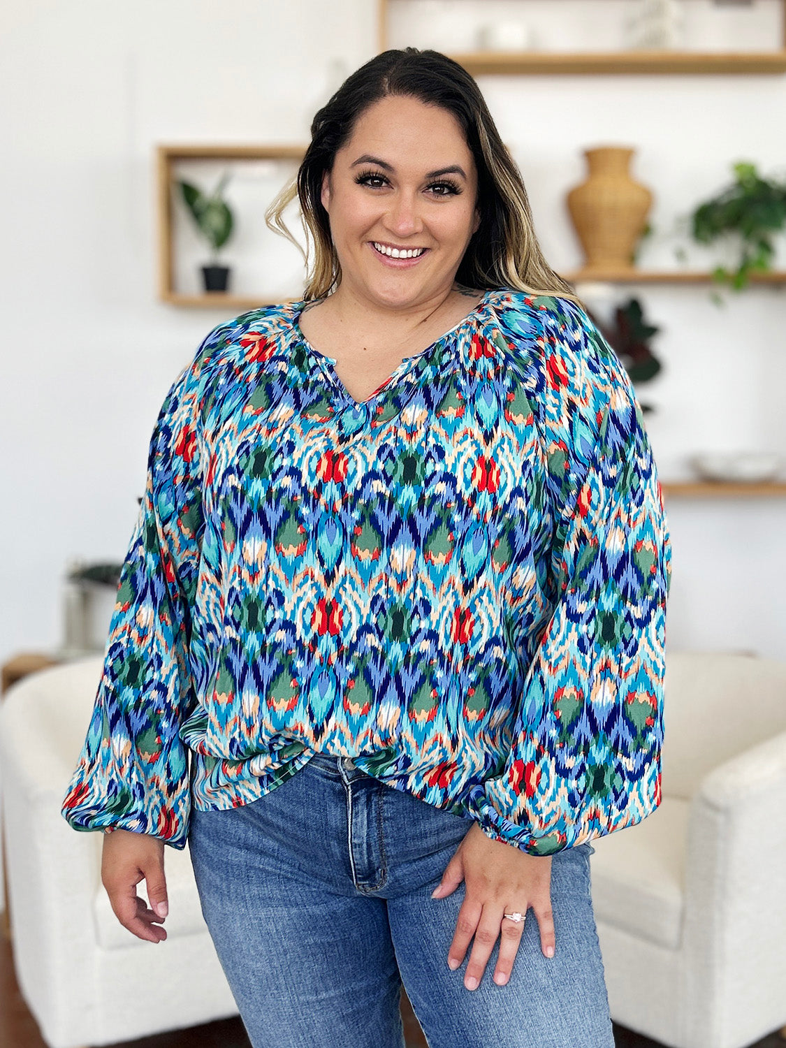 Double take full size printed balloon sleeve blouse