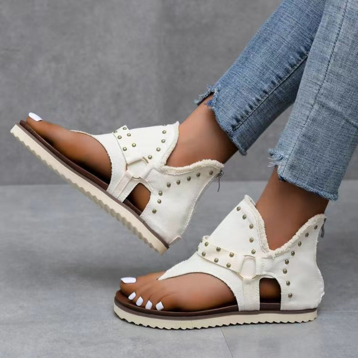 Studded raw hem flat sandals