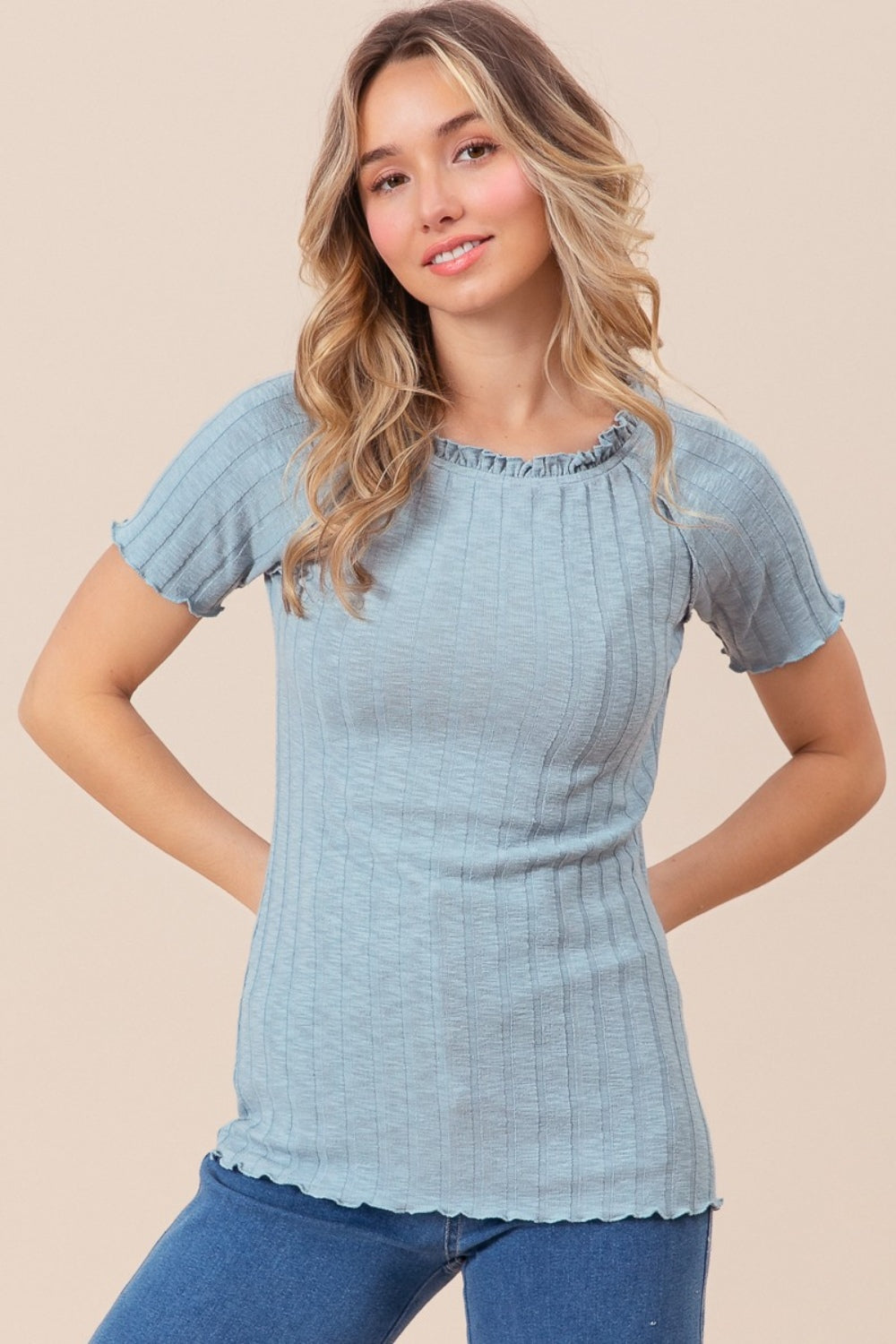 Bibi ruffle round neck merrow edge rib top