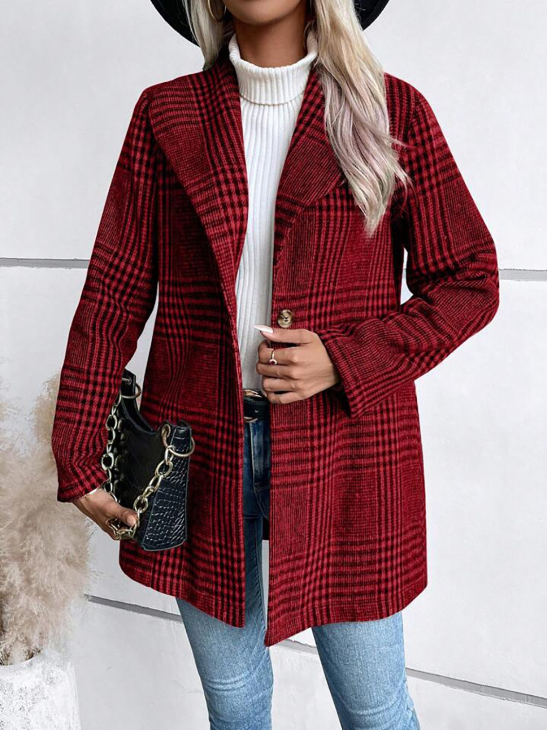 Plaid collared neck long sleeve jacket