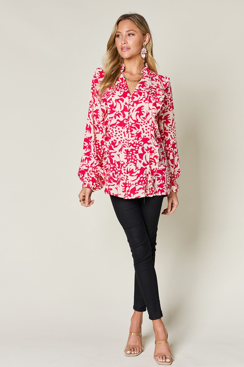 Double take full size printed ruffle trim balloon sleeve shirt