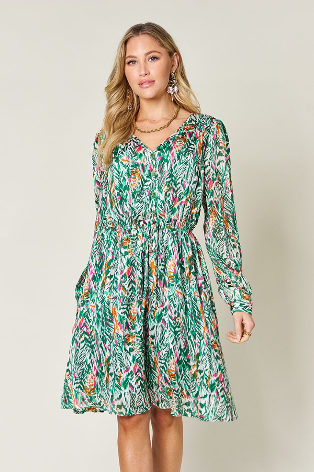 Double take full size printed drawstring waist long sleeve dress - turquoise / s