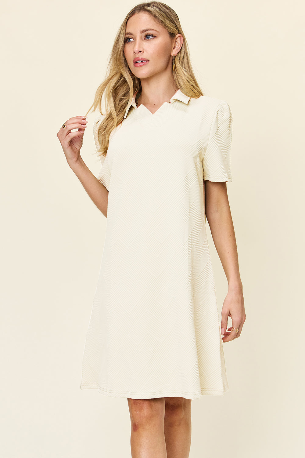 Double take full size texture collared neck short sleeve dress - cream / s