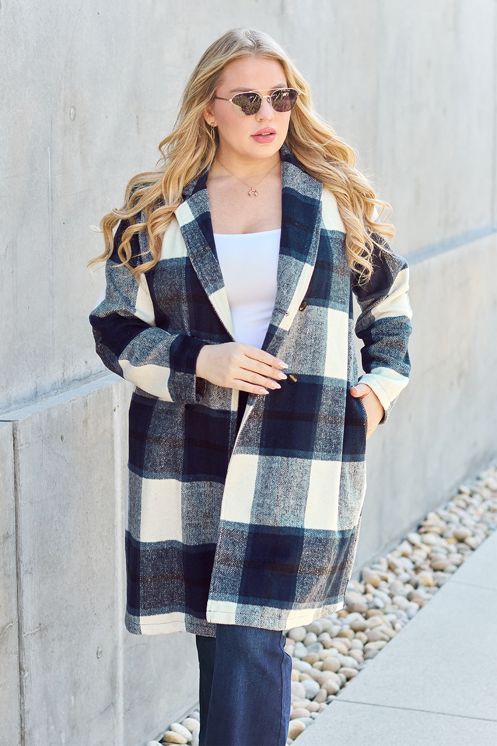 Double take full size plaid button up lapel collar coat