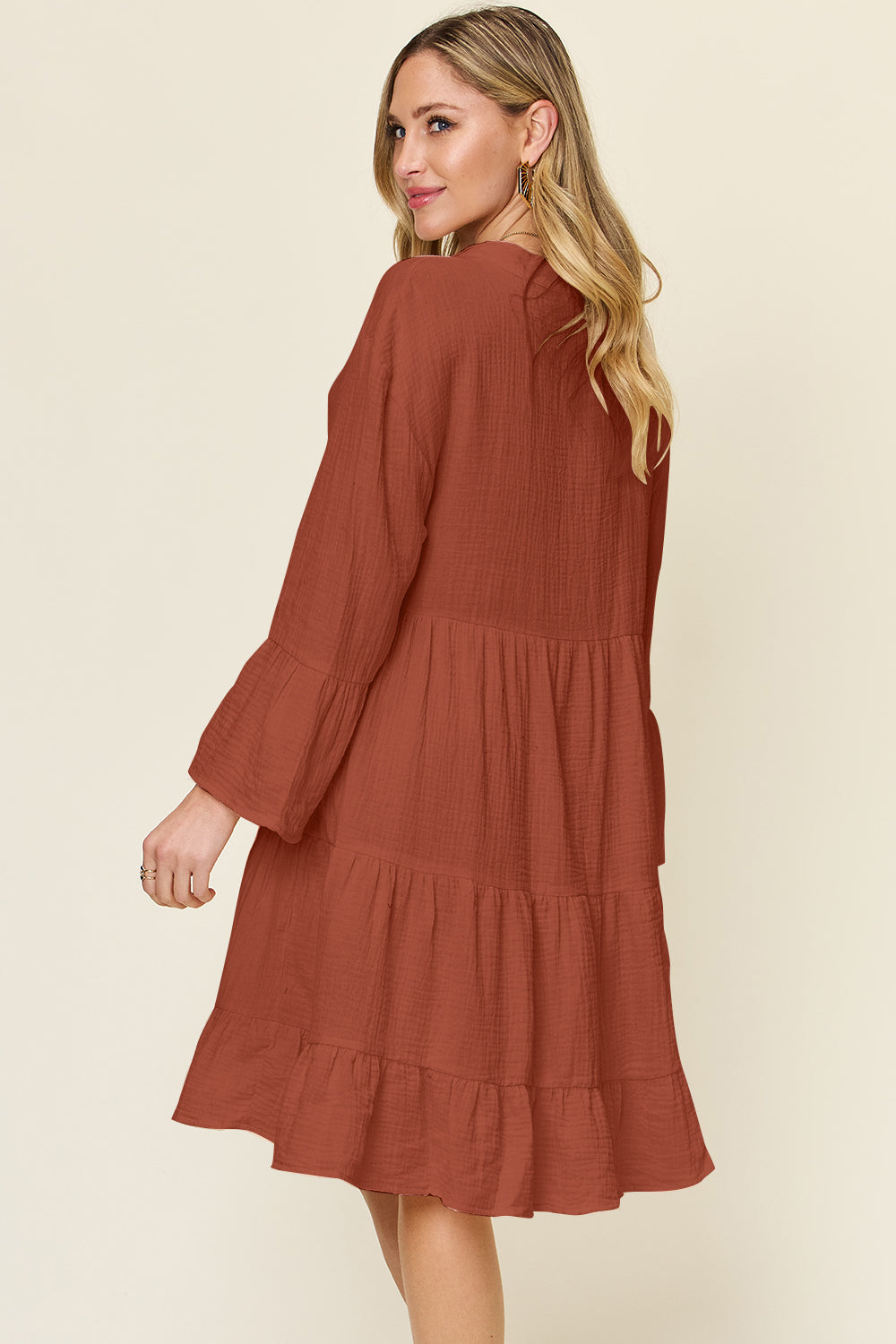 Double take full size texture button up ruffle hem dress