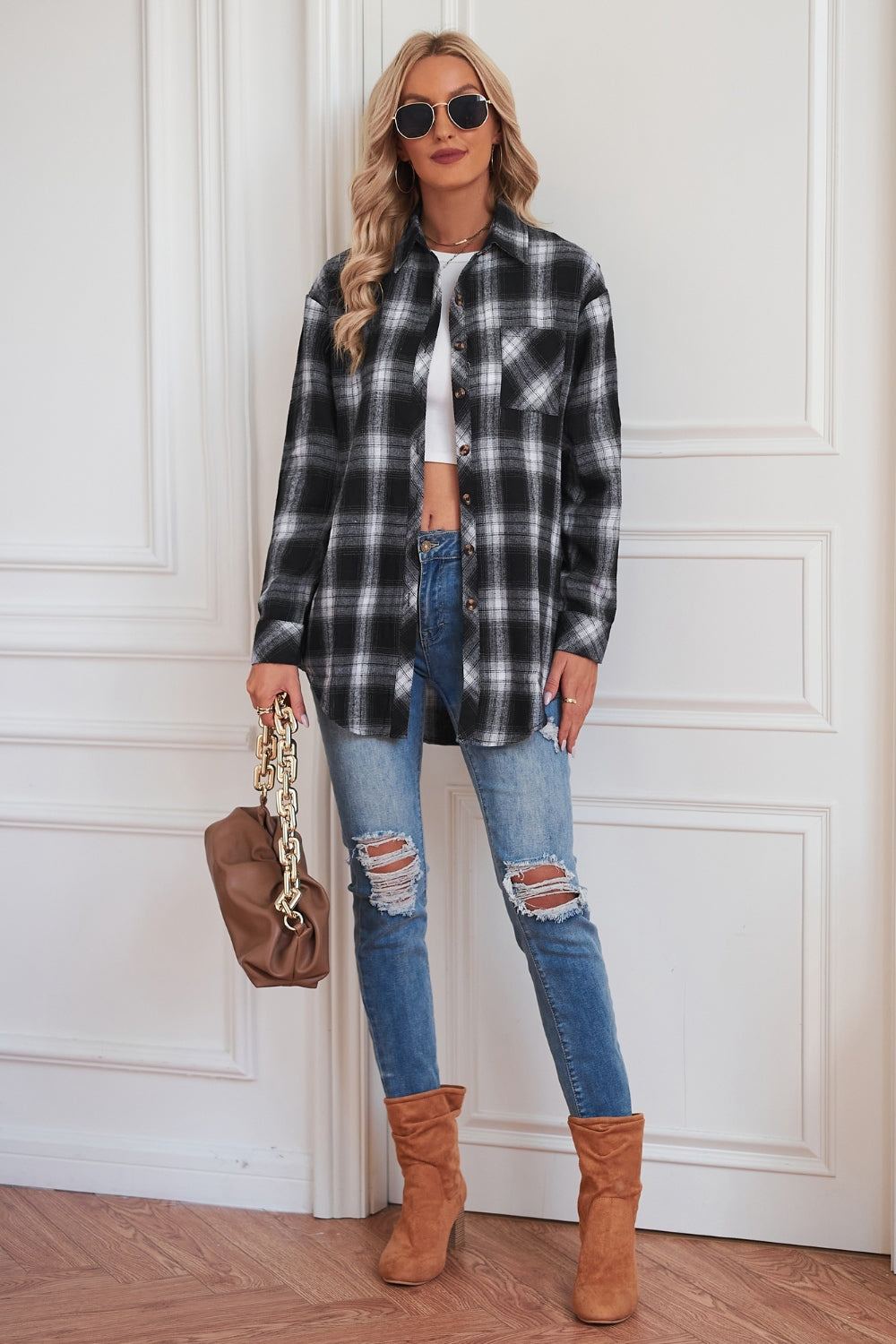 Plaid button up dropped shoulder outerwear