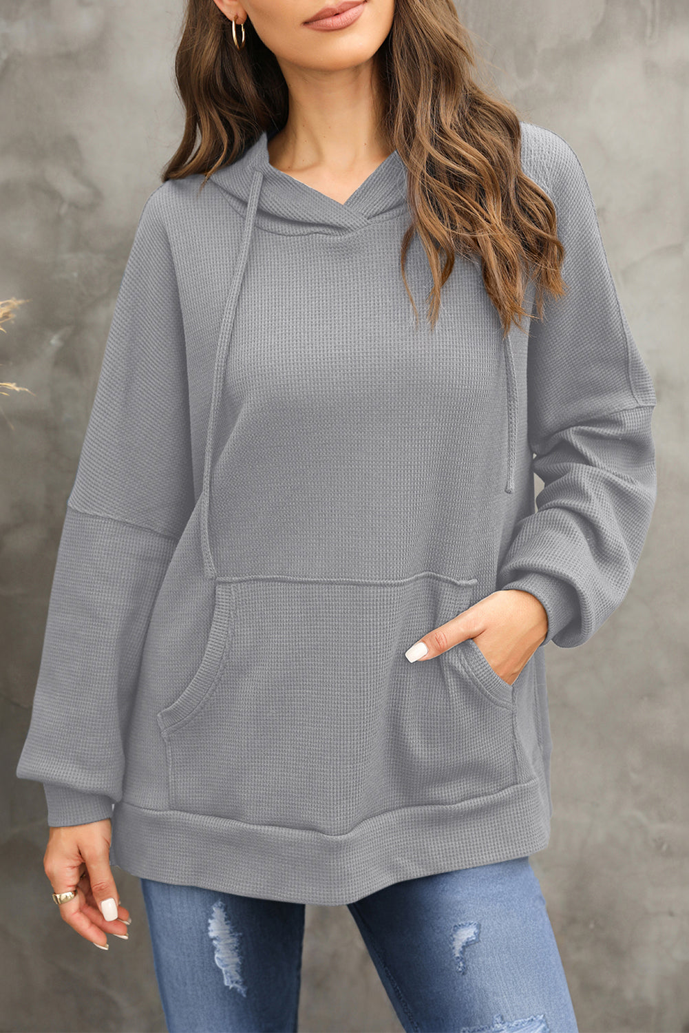 Waffle-knit long sleeve hoodie - dark gray / s