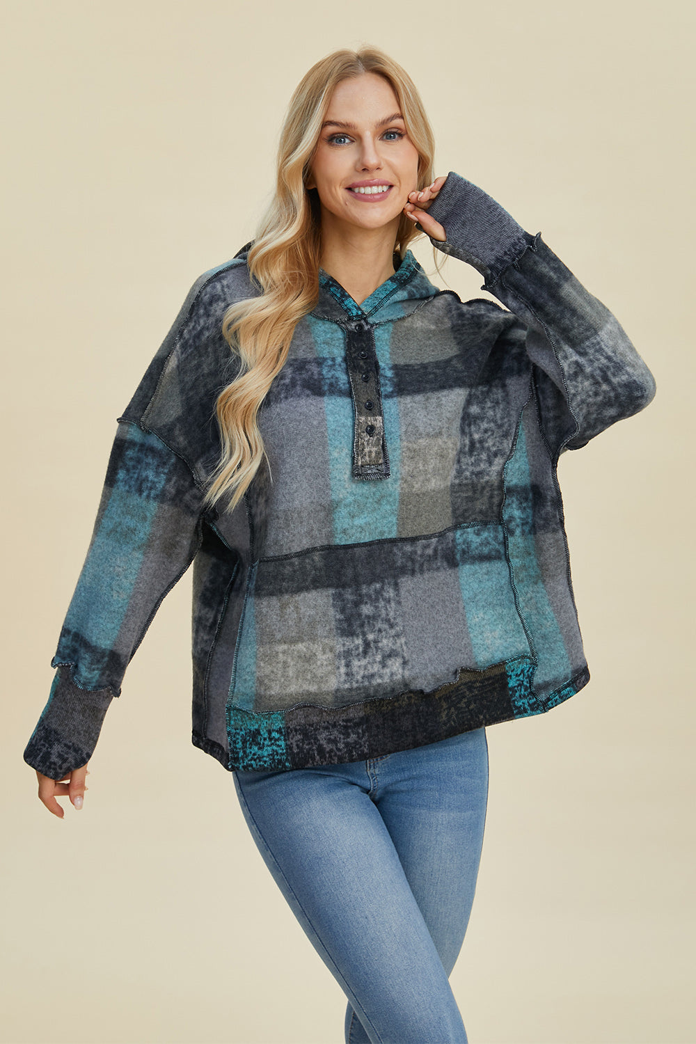 Double take full size plaid dropped shoulder hoodie - dark gray / s