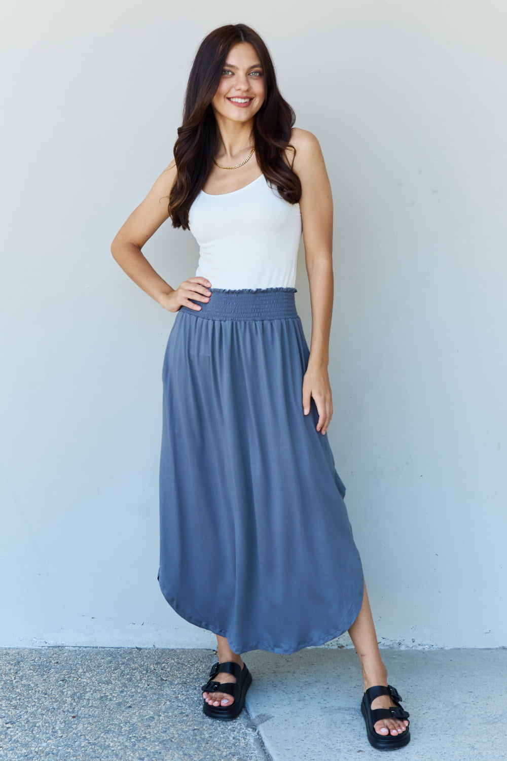 Doublju comfort princess full size high waist scoop hem maxi skirt in dusty blue