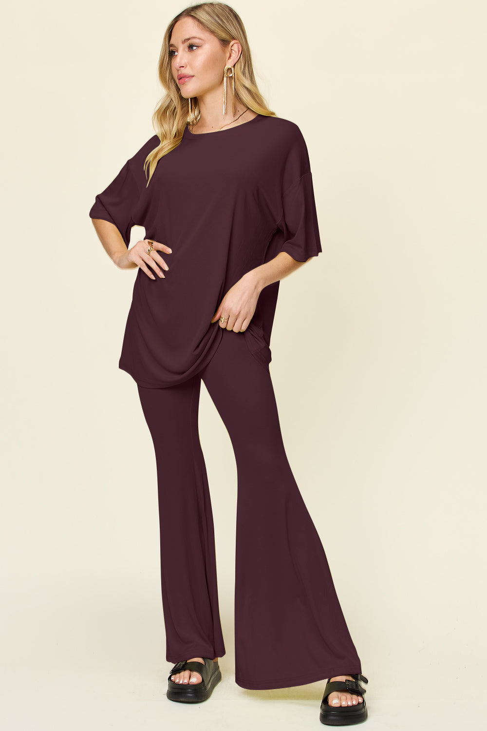 Double take full size round neck drop shoulder t-shirt and flare pants set