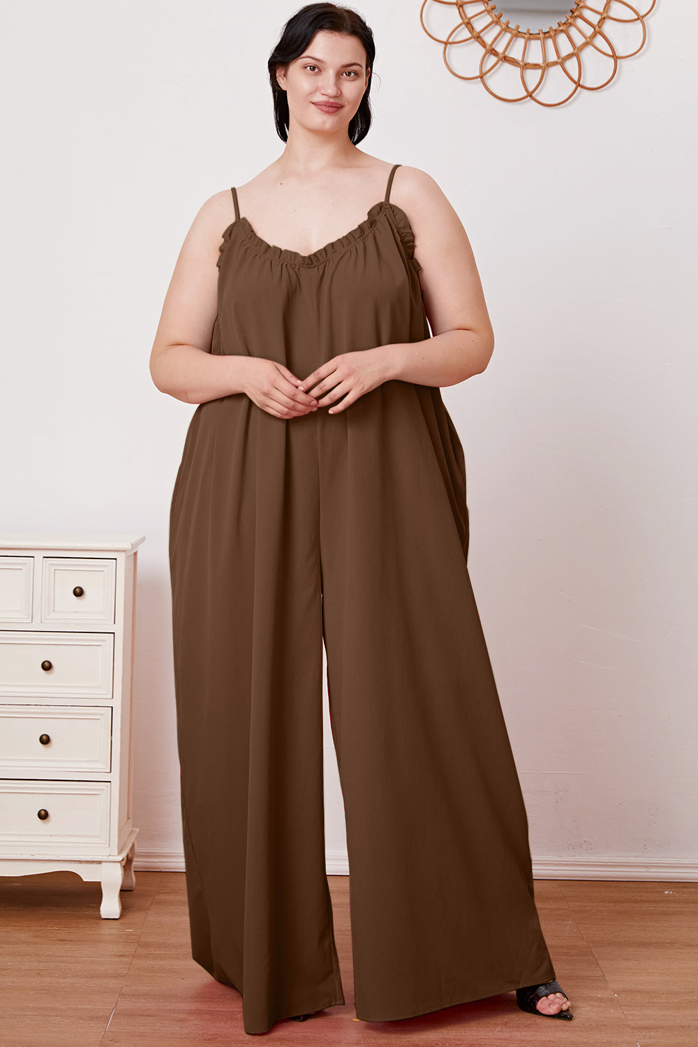 Double take full size ruffle trim tie back cami jumpsuit with pockets