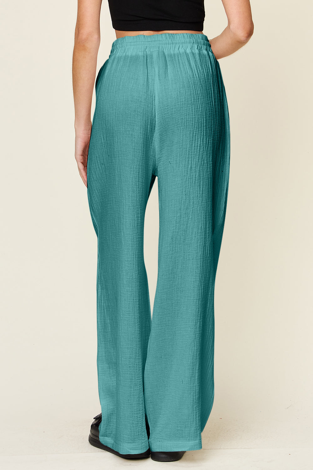 Double take full size texture drawstring wide leg pants