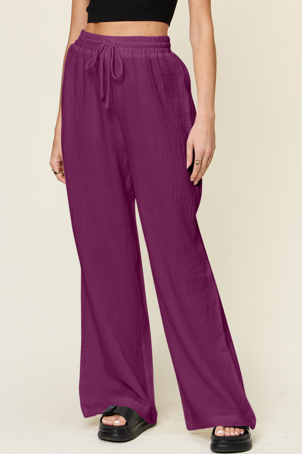 Double take full size texture drawstring wide leg pants