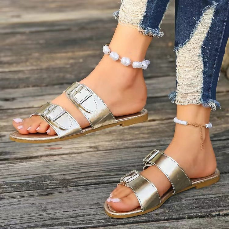 Open toe double buckle sandals - gold / 36(us5)