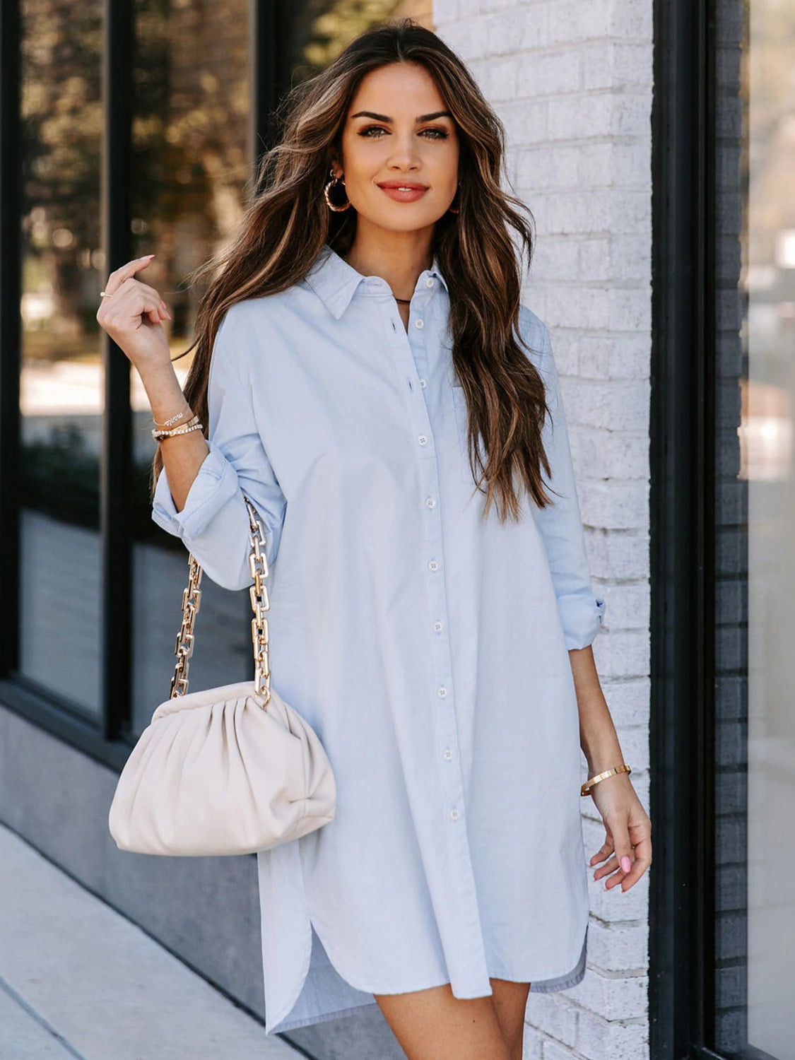 Button up collared neck long sleeve shirt dress