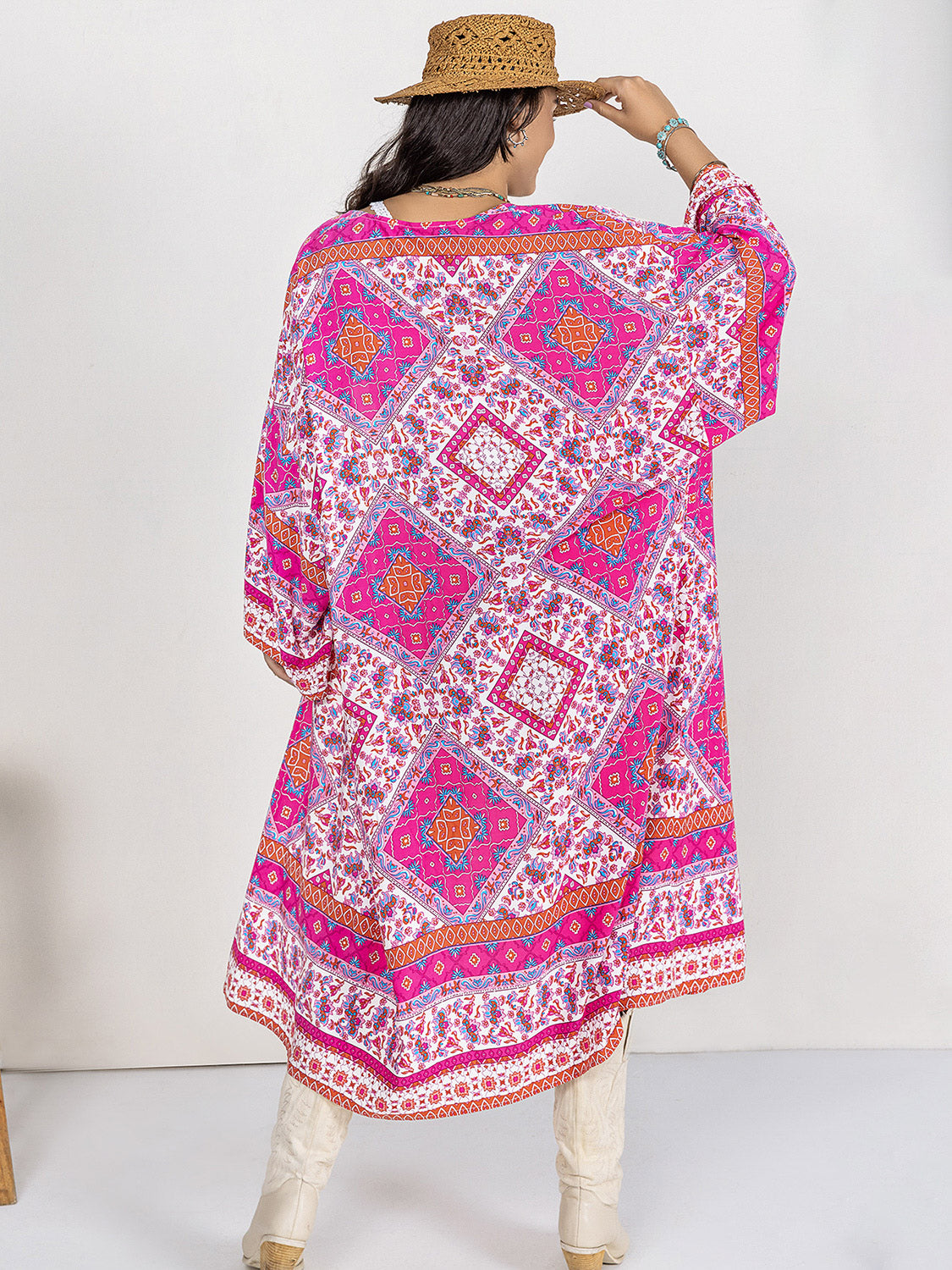 Plus size printed open front longline cardigan