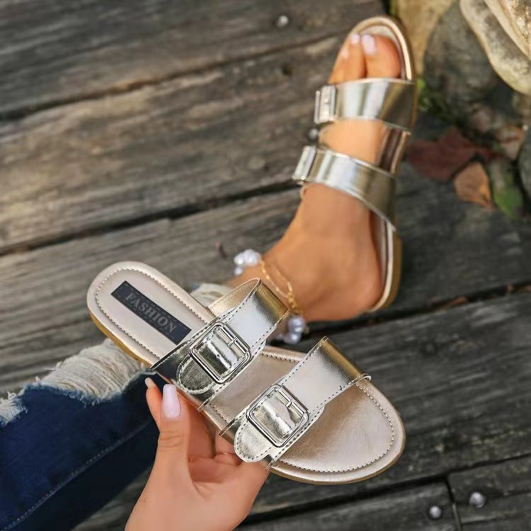 Open toe double buckle sandals