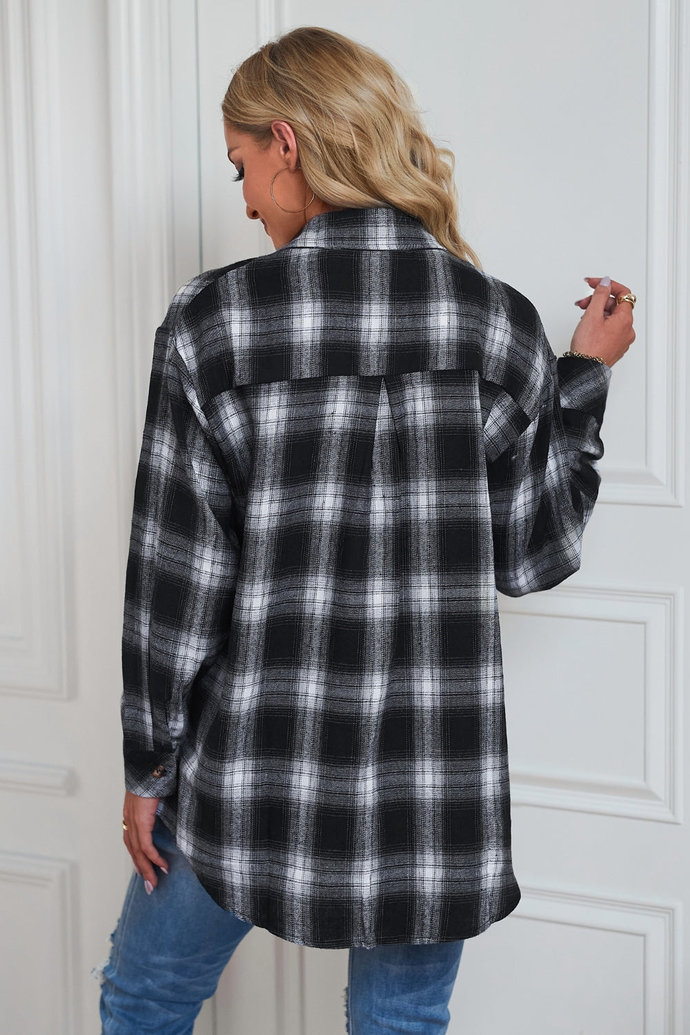 Plaid button up dropped shoulder outerwear