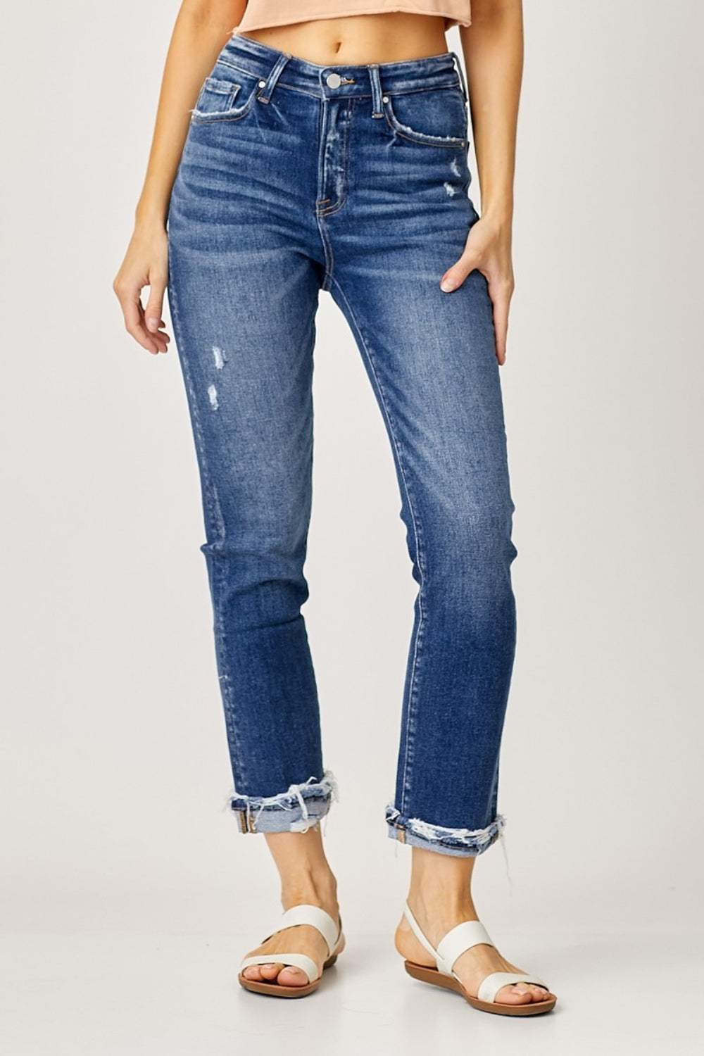 Risen full size high-rise frayed cuffed straight jeans