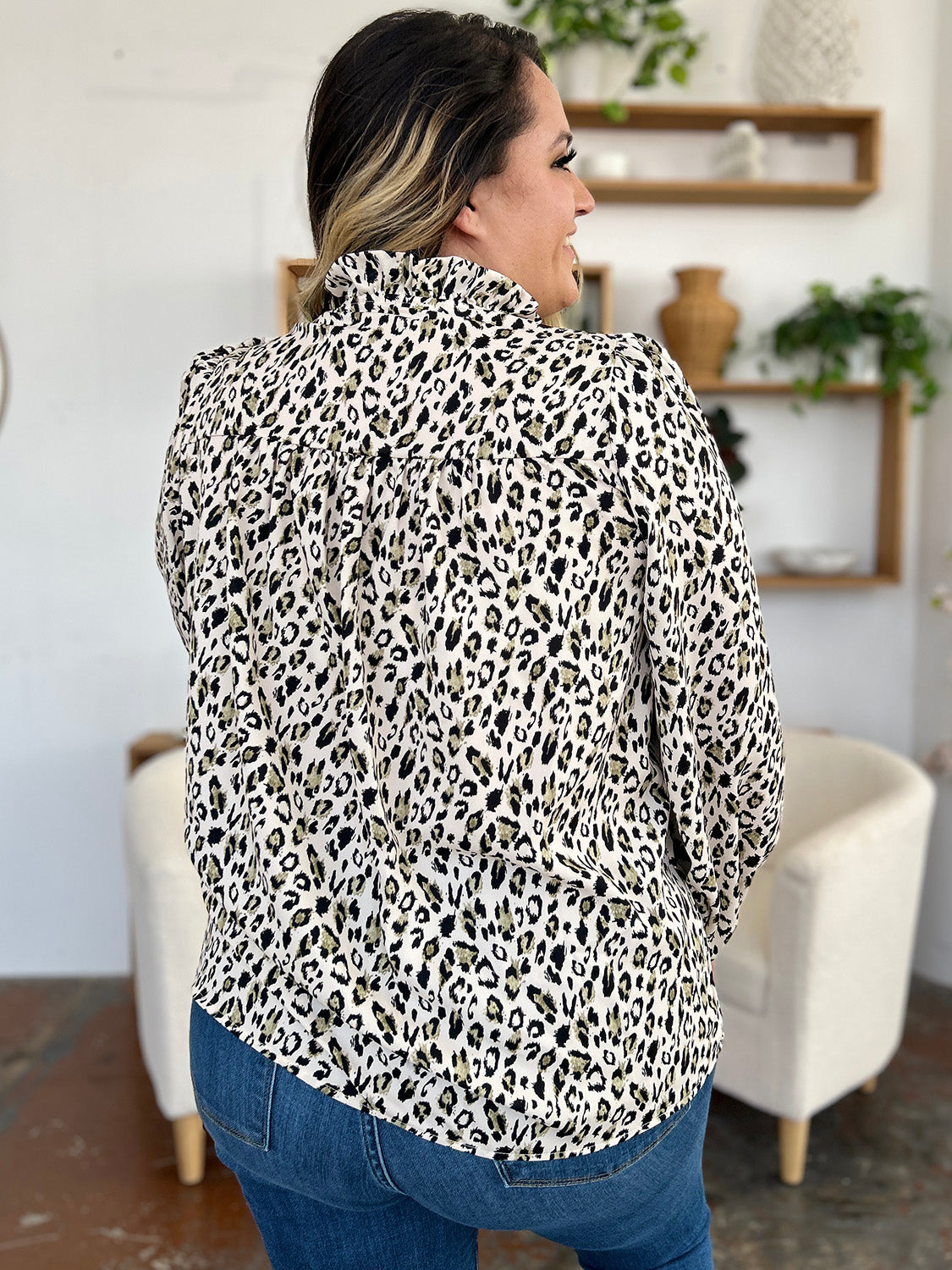 Double take full size leopard long sleeve blouse