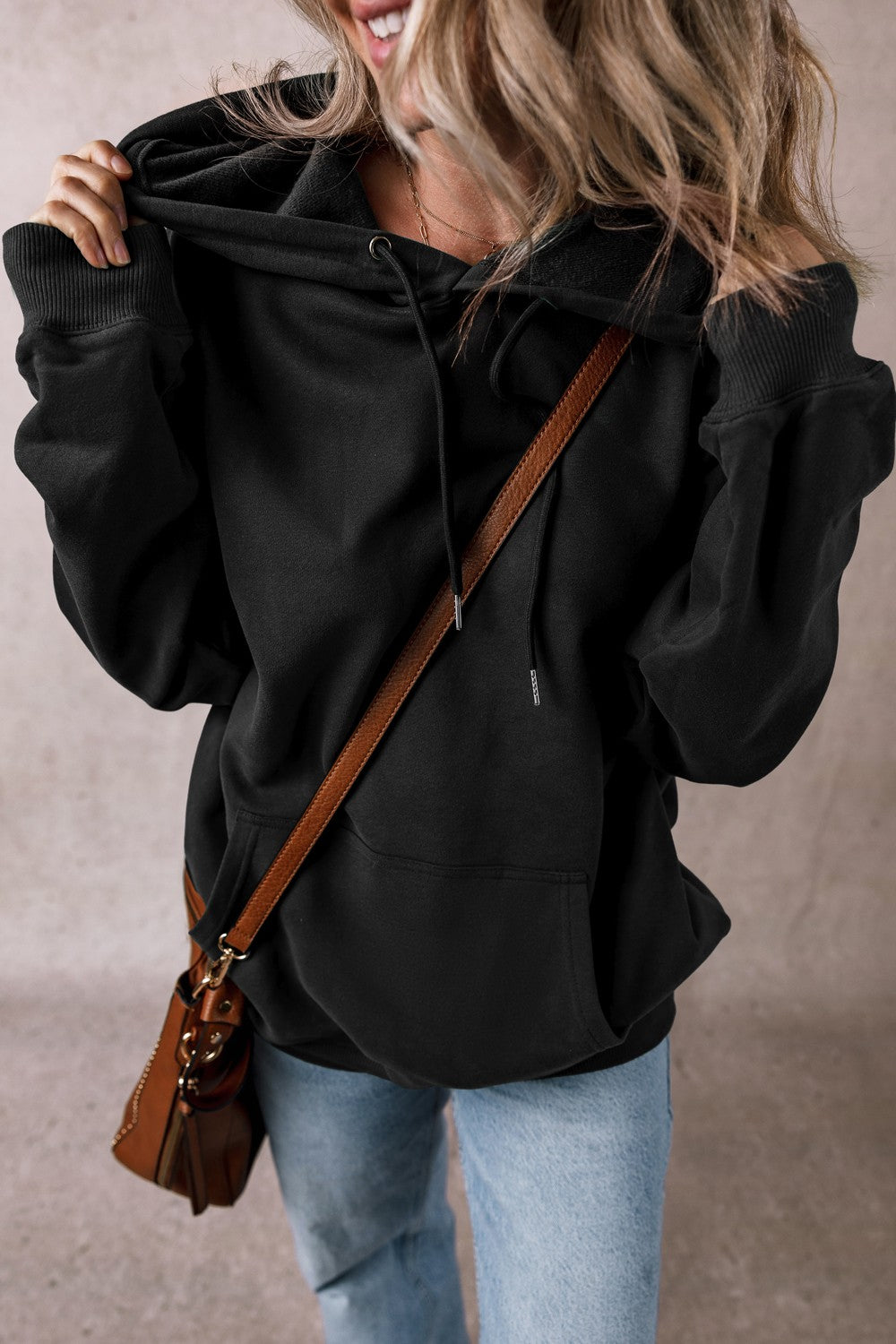 Drawstring pocketed long sleeve hoodie - black / s