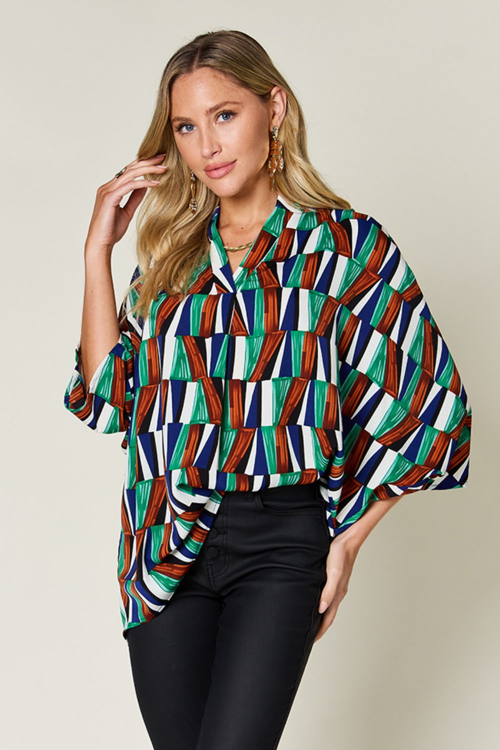 Double take full size geometric notched dolman sleeve top - turquoise / s