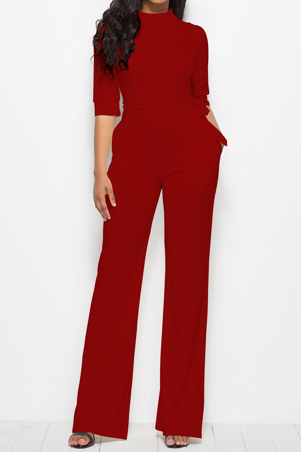 Mock neck tie-waist half sleeve jumpsuit - deep red / s