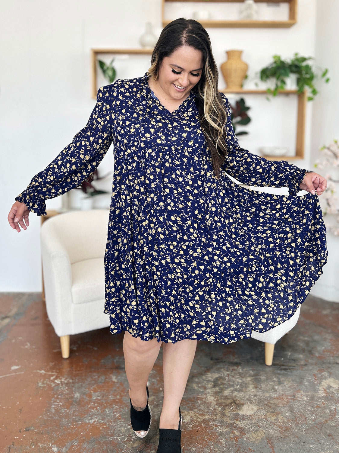 Double take full size printed ruffle hem long sleeve tiered dress