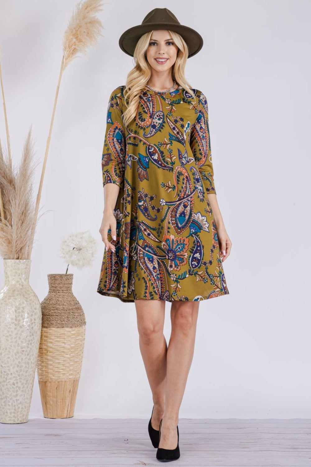 Celeste full size paisley print round neck dress with pockets - olive / s