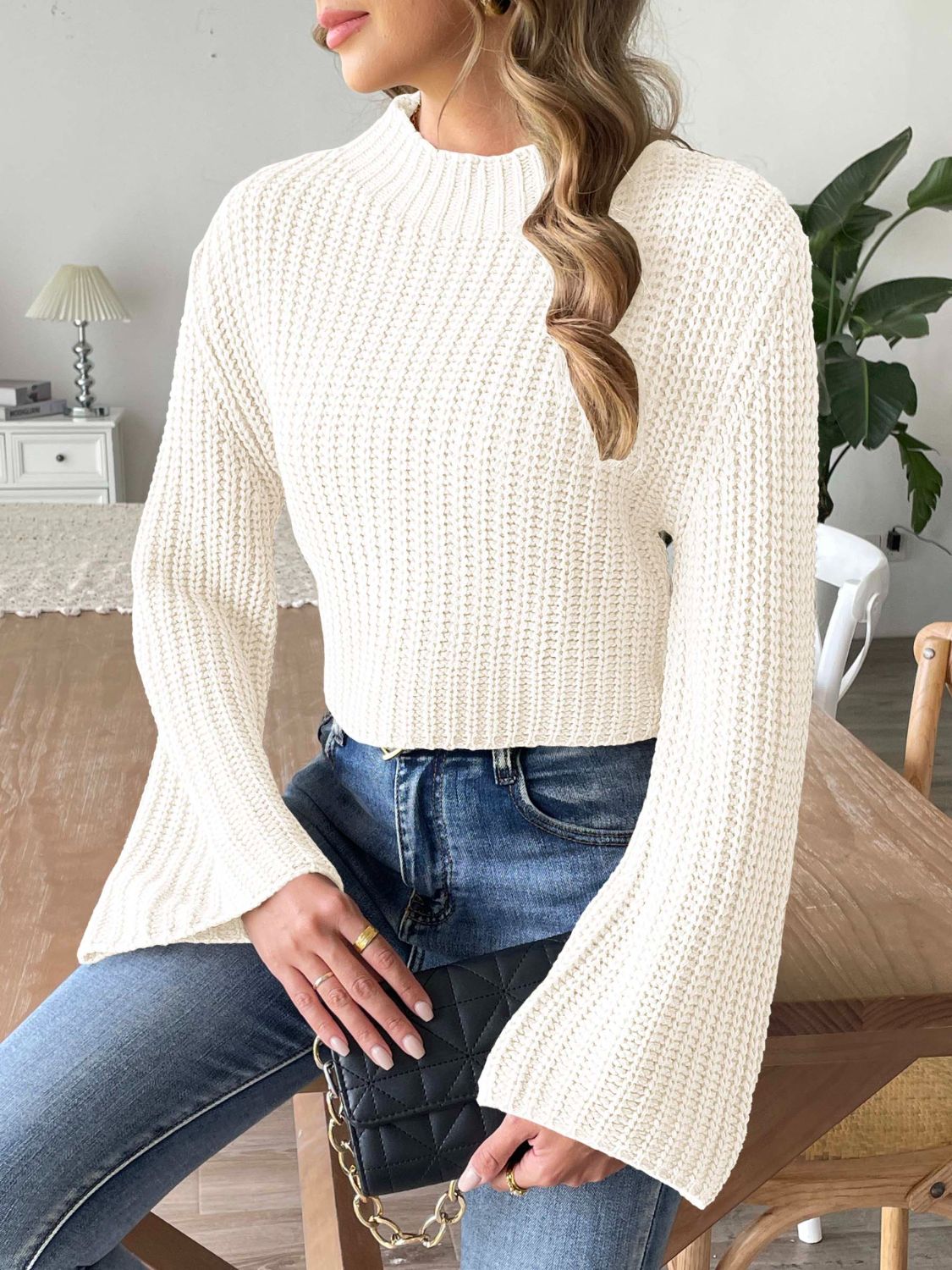 Mock neck long sleeve sweater - white / s