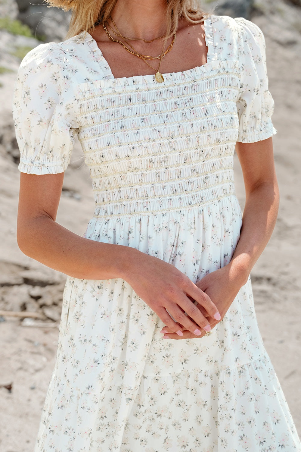 Smocked printed square neck short sleeve dress